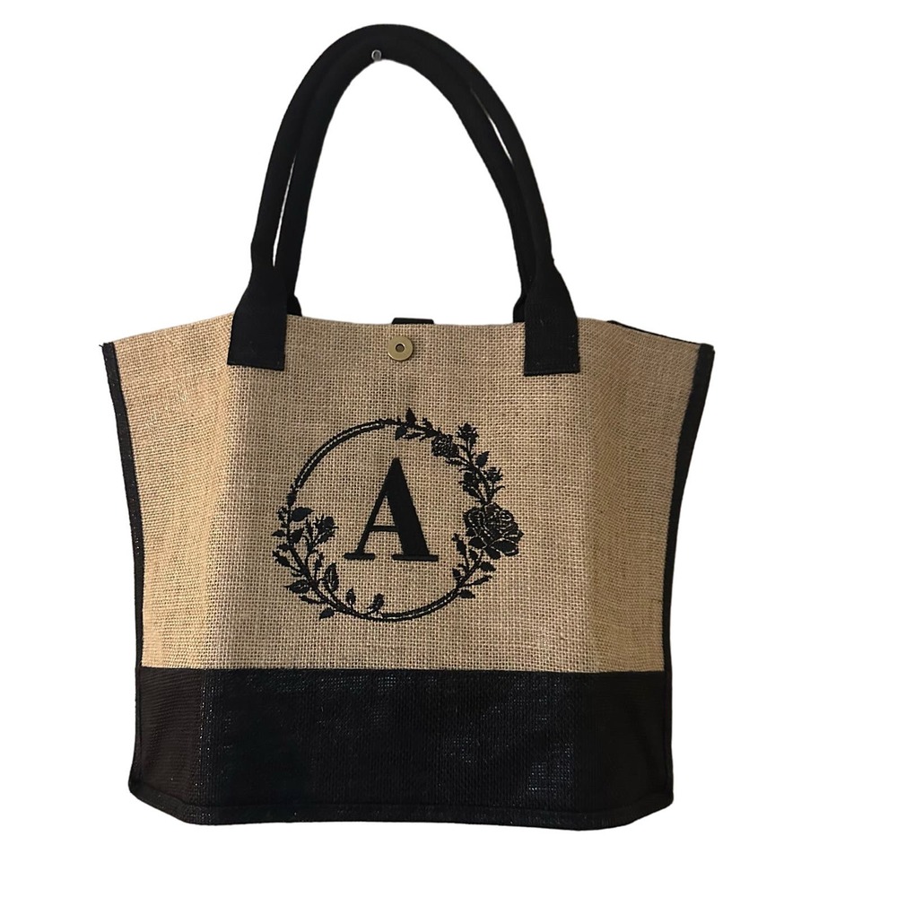Monogram A Two-Tone Jute Tote Bag in Natural and Black